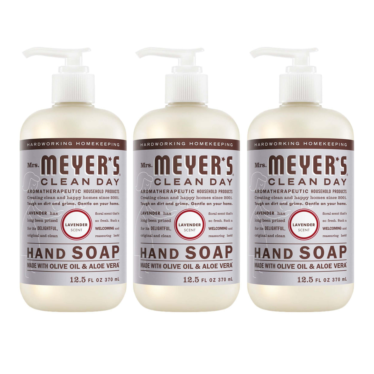 mrs. meyer's front packaging showing three lavender bottles and soft scent benefit