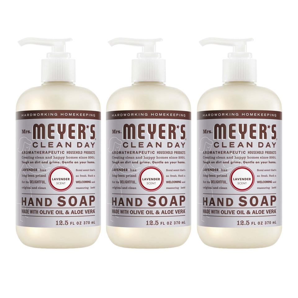 mrs. meyer's front packaging showing three lavender bottles and soft scent benefit