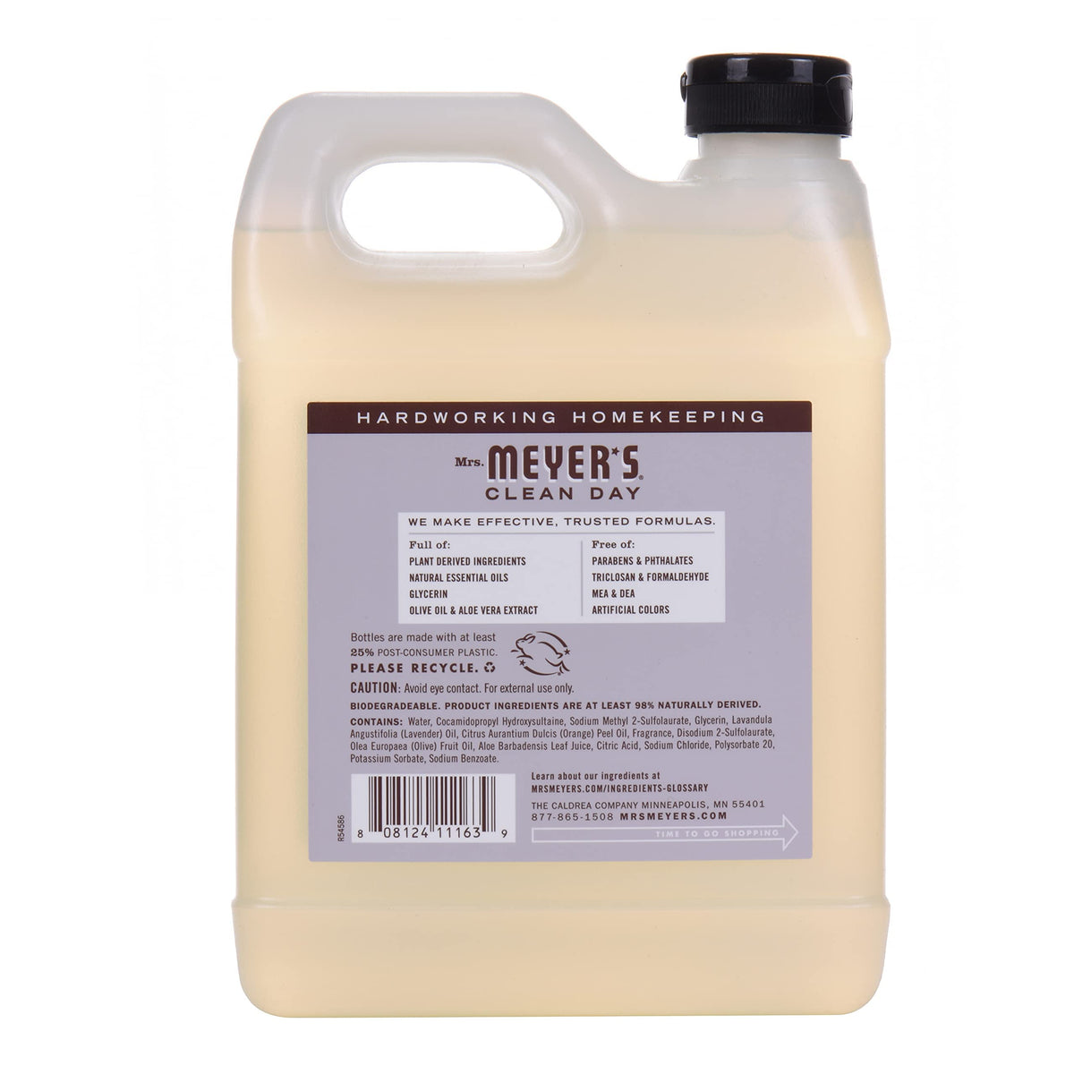 Close-up lavender sprigs with Mrs. MEYER'S bottle highlighting natural essential oil scent