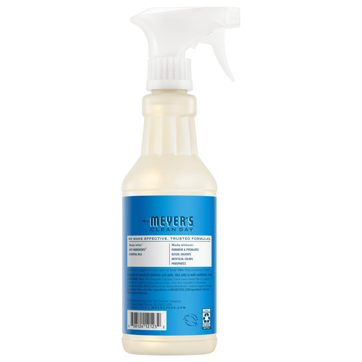 Mrs. MEYER'S multi-surface cleaner label detail, highlighting safe surface use benefits