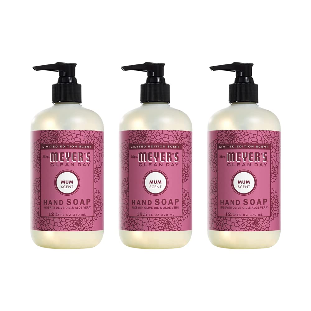 Mrs. MEYER'S front bottle view showing Mum scent and easy-pump for daily use