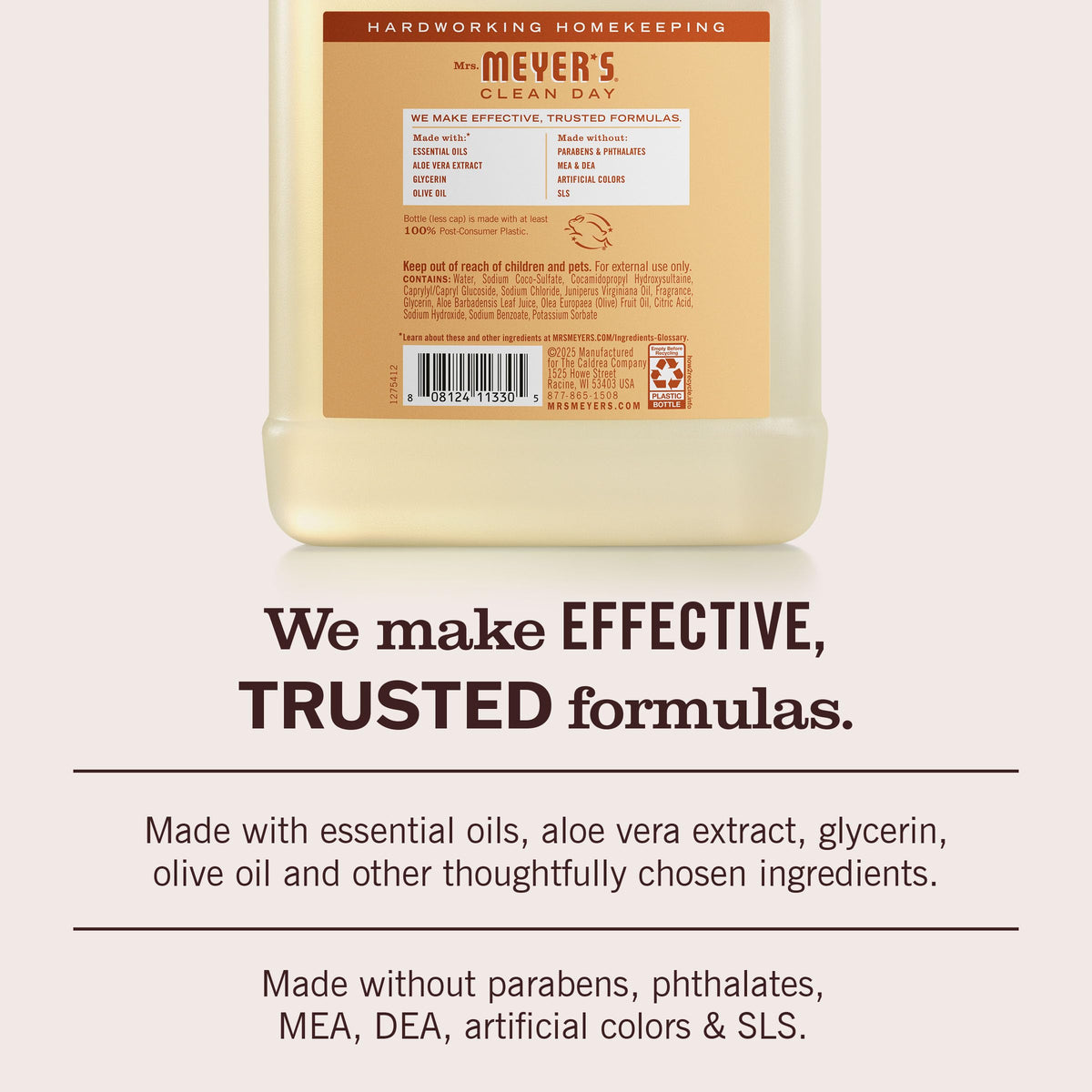 Close-up of Mrs. MEYER'S label detail highlighting scent and ingredient focus