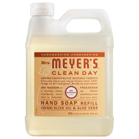 Mrs. MEYER'S front label on oat blossom refill showing brand and clear benefits