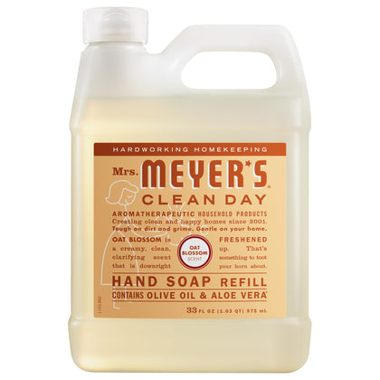 Mrs. MEYER'S front label on oat blossom refill showing brand and clear benefits