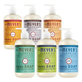 Mrs. MEYER'S front view of variety pack showing six scented bottles and benefits