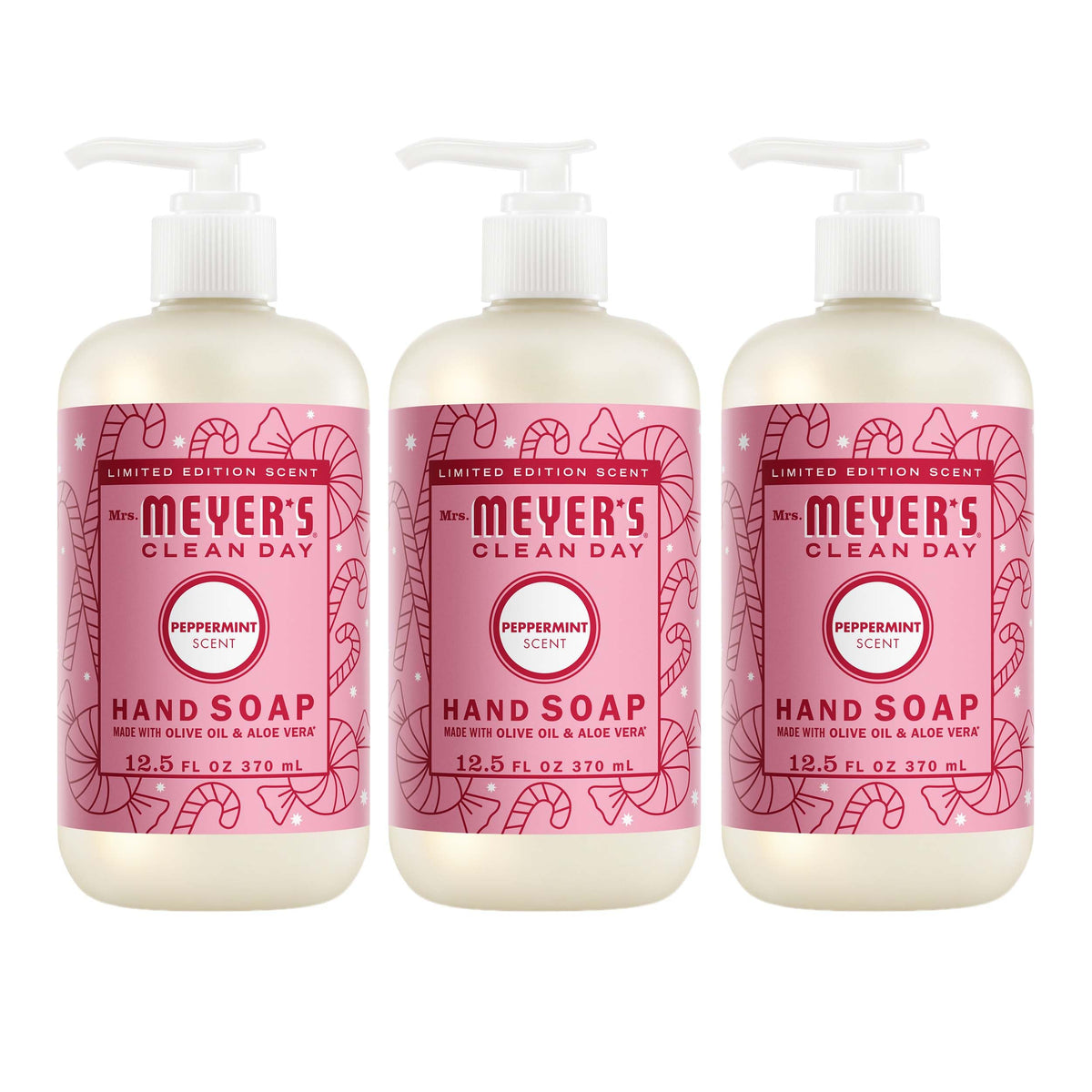 Mrs. MEYER'S front packaging showing peppermint bottle, gentle moisturizing benefit