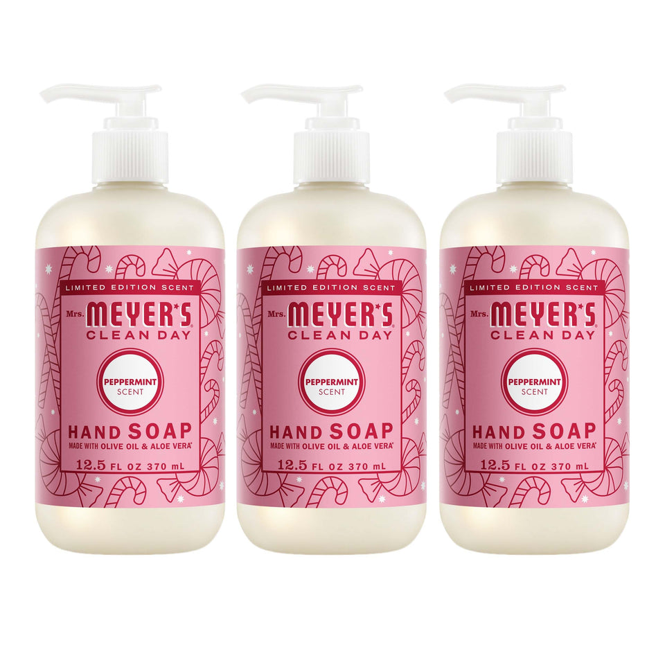 Mrs. MEYER'S front packaging showing peppermint bottle, gentle moisturizing benefit