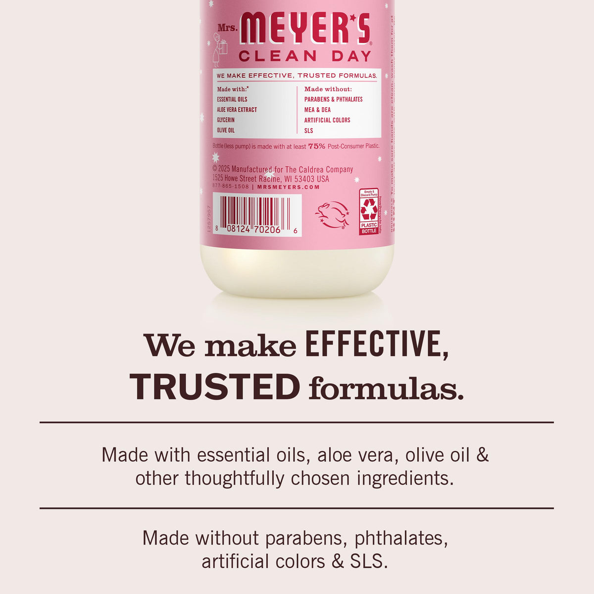 Mrs. MEYER'S ingredient list close-up showing plant-based components and transparency benefit
