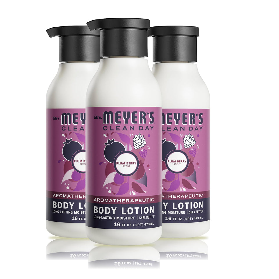Mrs. Meyer's bottle front packaging showing plum berry scent and benefits