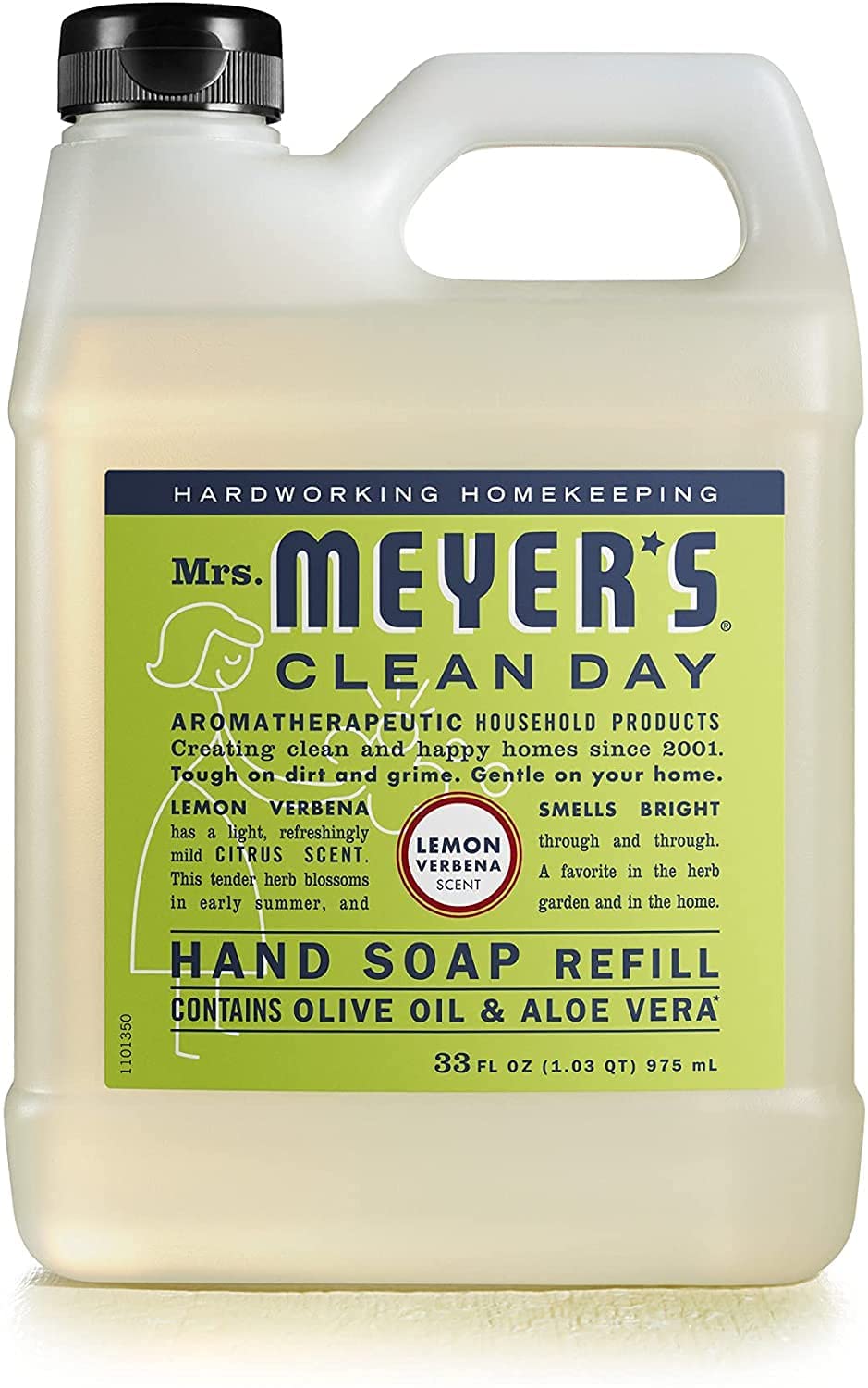 Mrs. MEYER'S pouring refill into dispenser to show easy transfer and reduced plastic waste