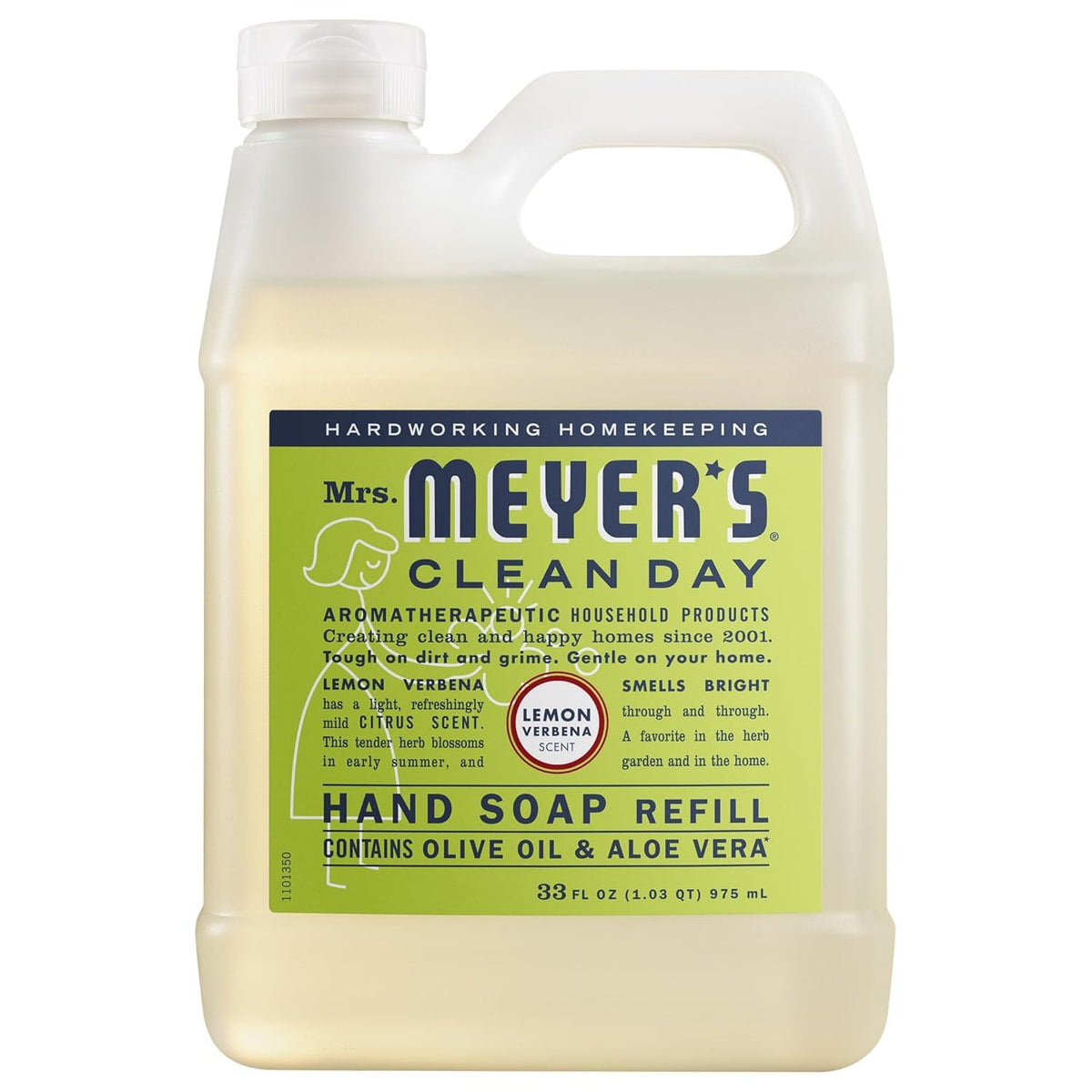 Mrs. MEYER'S pouring refill into a pump dispenser to refill bottles and reduce waste