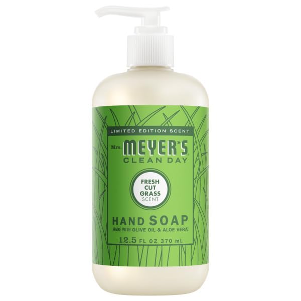 Mrs. MEYER'S pump close-up releasing soap, demonstrating easy one-hand dispensing benefit