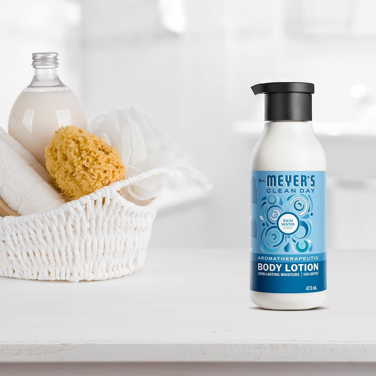 Mrs. Meyer's lotion on bathroom shelf suggesting everyday fresh scent