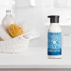 Mrs. Meyer's lotion on bathroom shelf suggesting everyday fresh scent