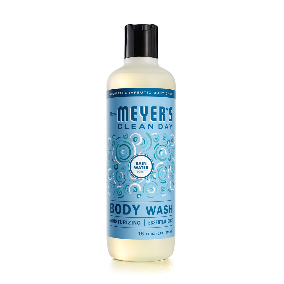 Mrs. Meyer's front packaging of Rain Water body wash shows clear label and size benefit