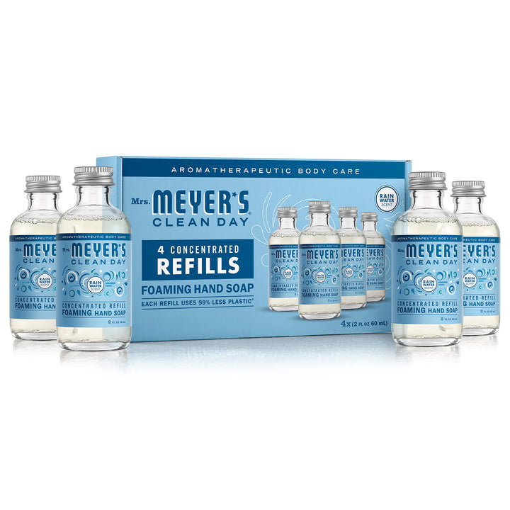 Mrs. Meyer's front packaging showing four Rain Water concentrated refills and eco benefit