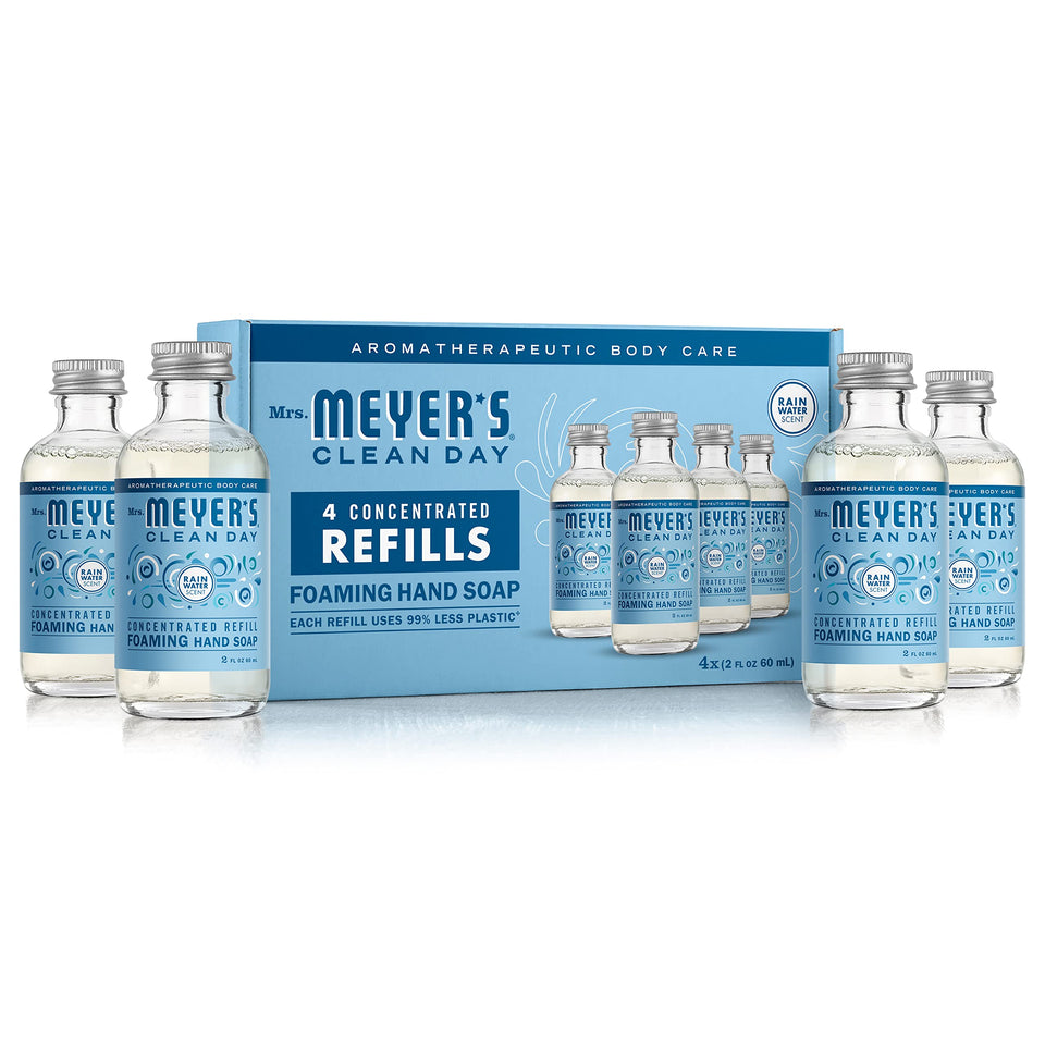Mrs. Meyer's front packaging showing four Rain Water concentrated refills and eco benefit