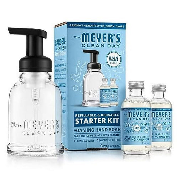 Mrs. Meyer's glass dispenser front view showing sleek design and durable benefit