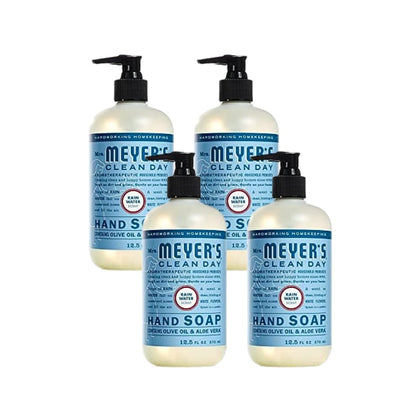 Mrs. MEYER'S front packaging showing four Rainwater bottles and clear labeling, conveys freshness
