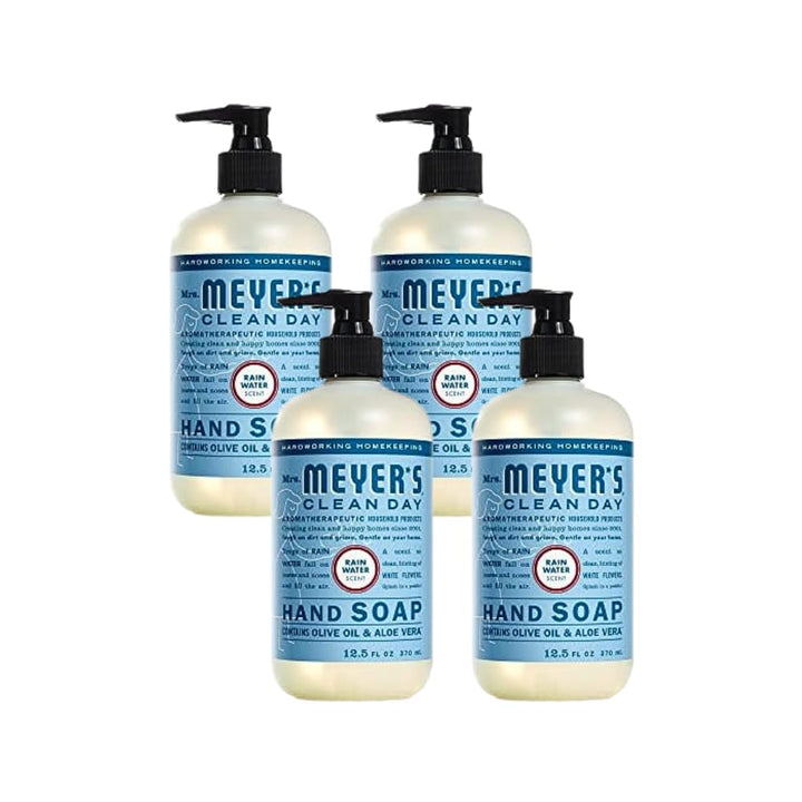 Mrs. MEYER'S front packaging showing four Rainwater bottles and clear labeling, conveys freshness
