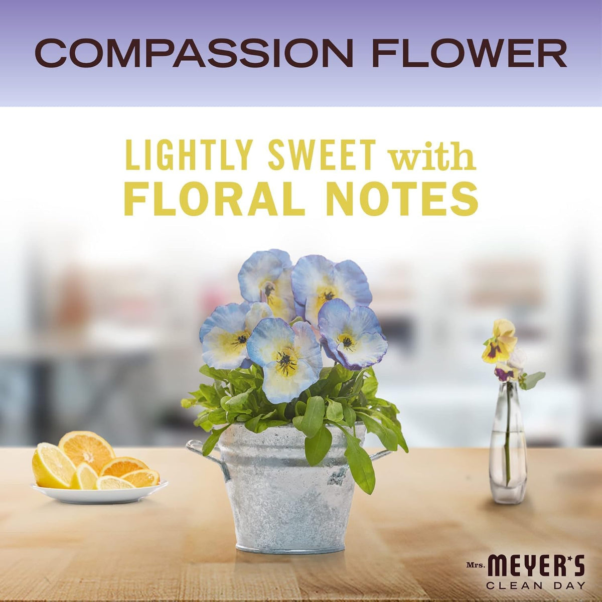 Mrs. MEYER'S recyclable packaging with label showing eco-conscious disposal benefit
