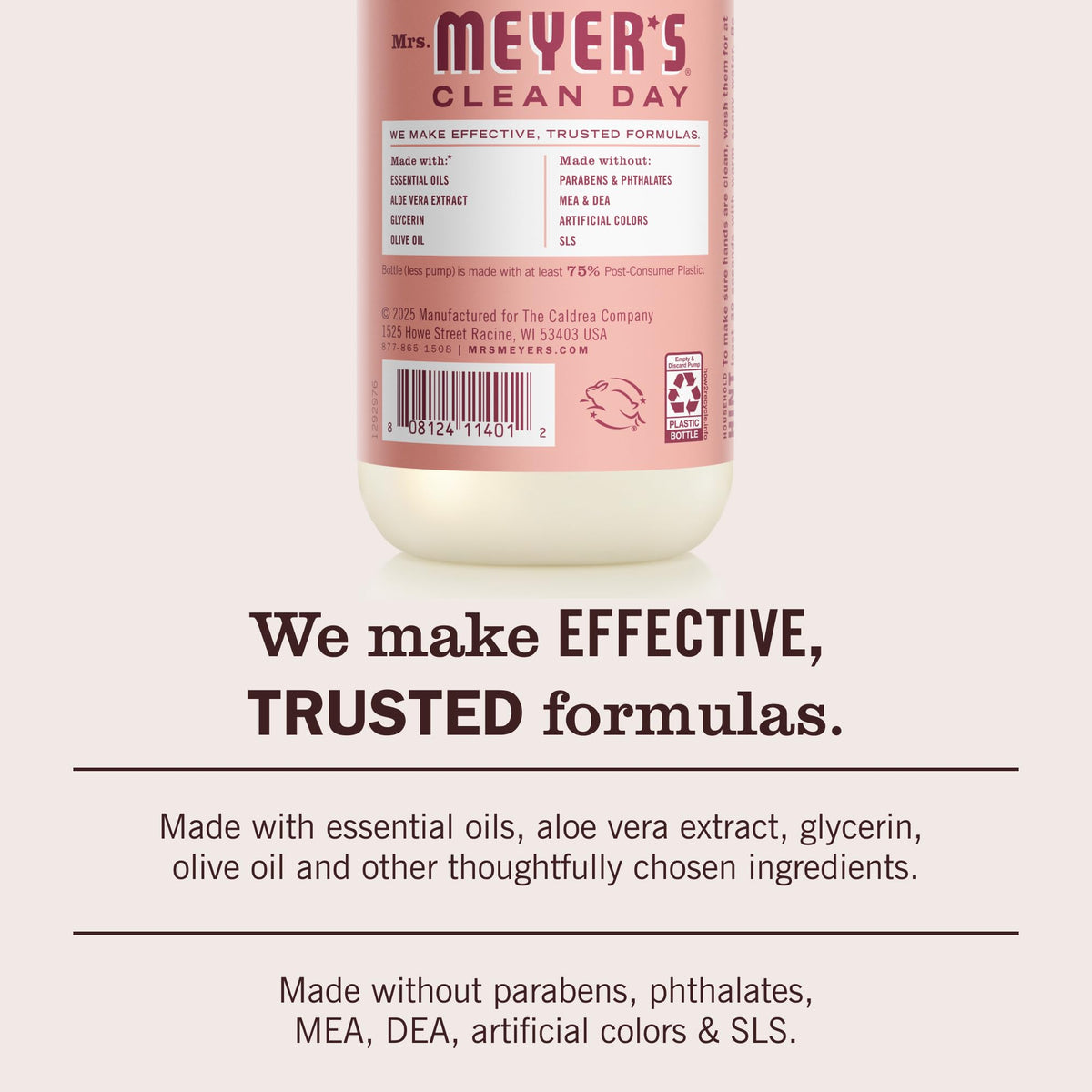 Mrs. Meyer's bottle label detail showing ingredients and scent, transparent ingredients benefit