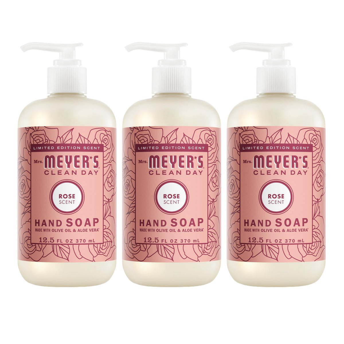 Mrs. Meyer's rose front packaging showing bottle and label, fresh scent benefit