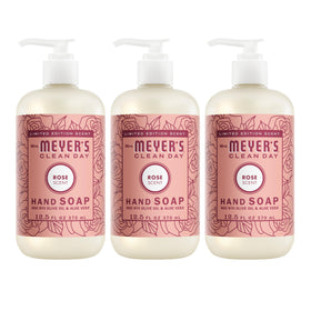 Mrs. Meyer's rose front packaging showing bottle and label, fresh scent benefit