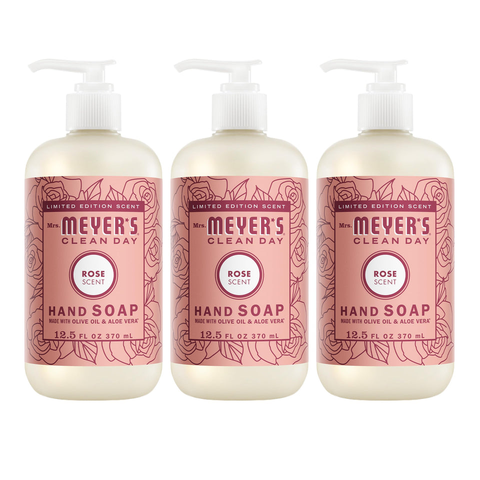 Mrs. Meyer's rose front packaging showing bottle and label, fresh scent benefit