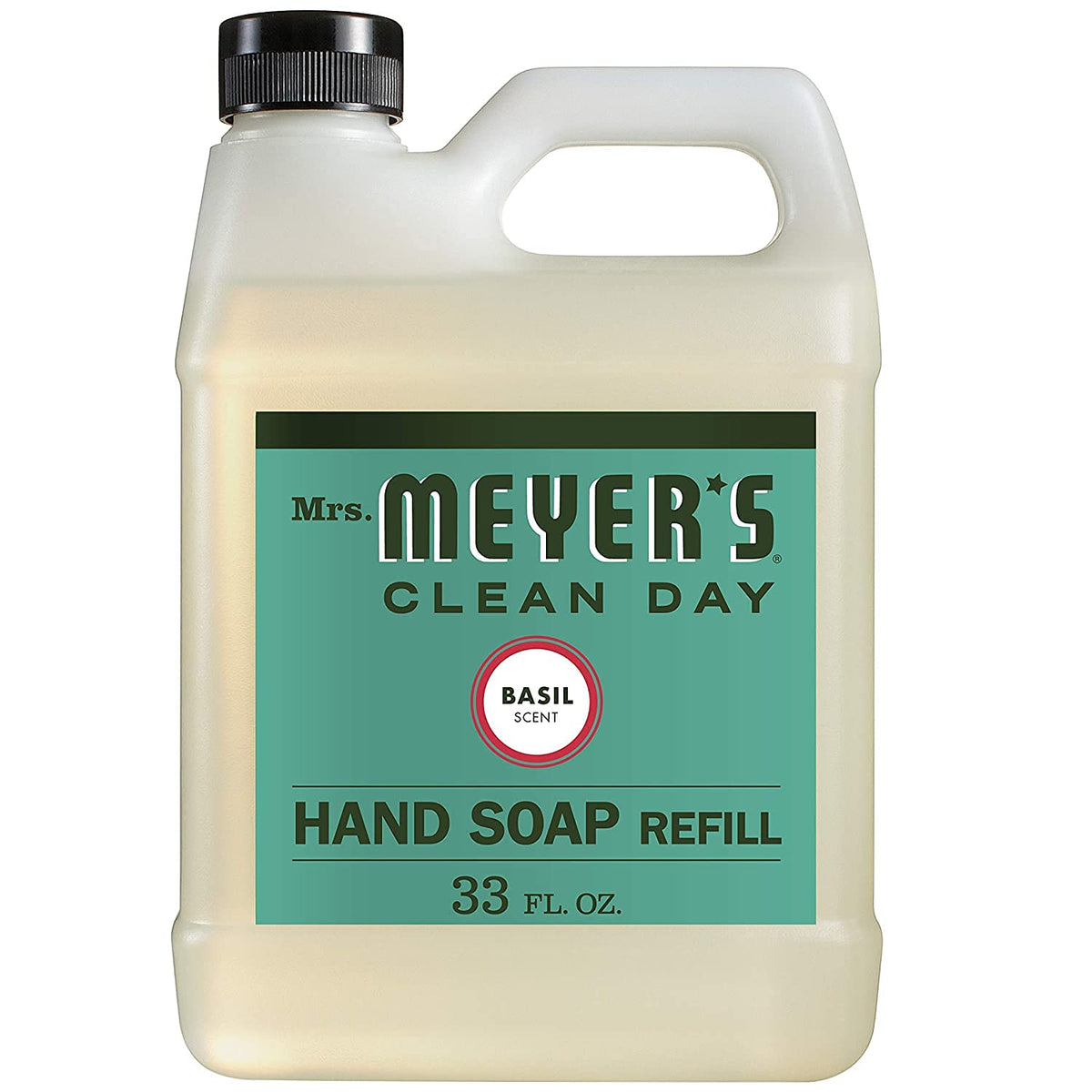 Mrs. MEYER'S refill next to a pump bottle to show size and refill convenience