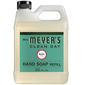 Mrs. MEYER'S refill next to a pump bottle to show size and refill convenience