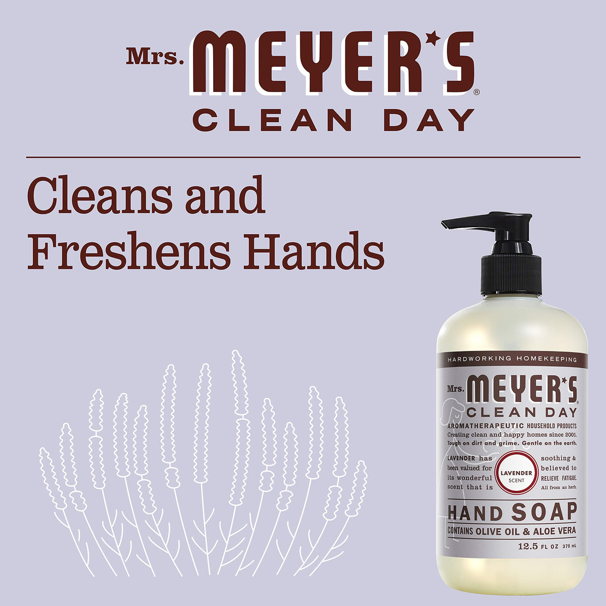 Mrs. MEYER'S size comparison showing 12.5 oz bottle beside 33 oz refill for value