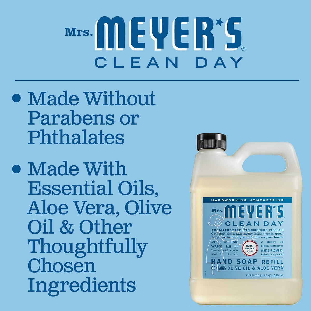 Mrs. MEYER'S size comparison with hand illustrating refill volume and convenience