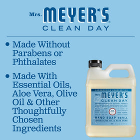 Mrs. MEYER'S size comparison with hand illustrating refill volume and convenience