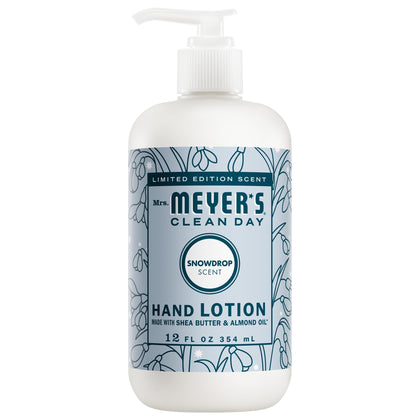 Mrs. MEYER'S front bottle view showing Snowdrop scent and 12-ounce size, conveys fresh fragrance
