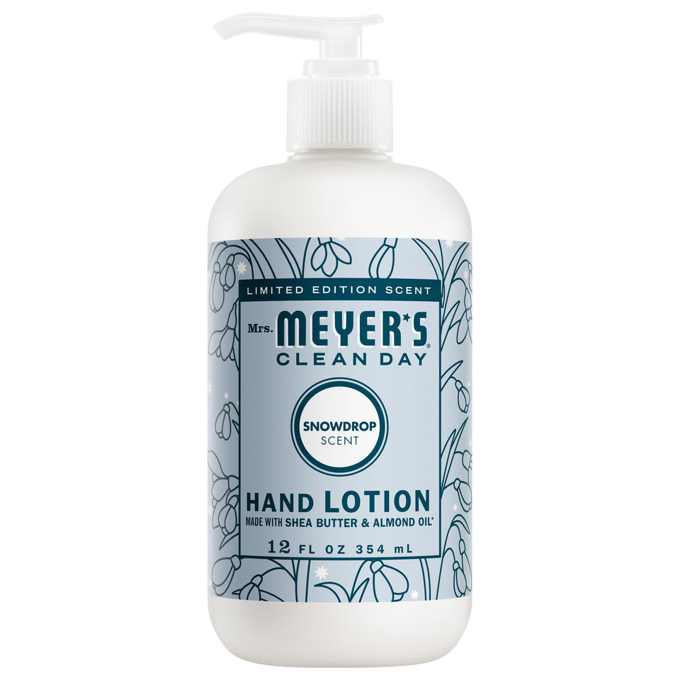 Mrs. MEYER'S front bottle view showing Snowdrop scent and 12-ounce size, conveys fresh fragrance