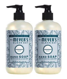 Mrs. MEYER'S front packaging showing Snowdrop scent and seasonal benefit