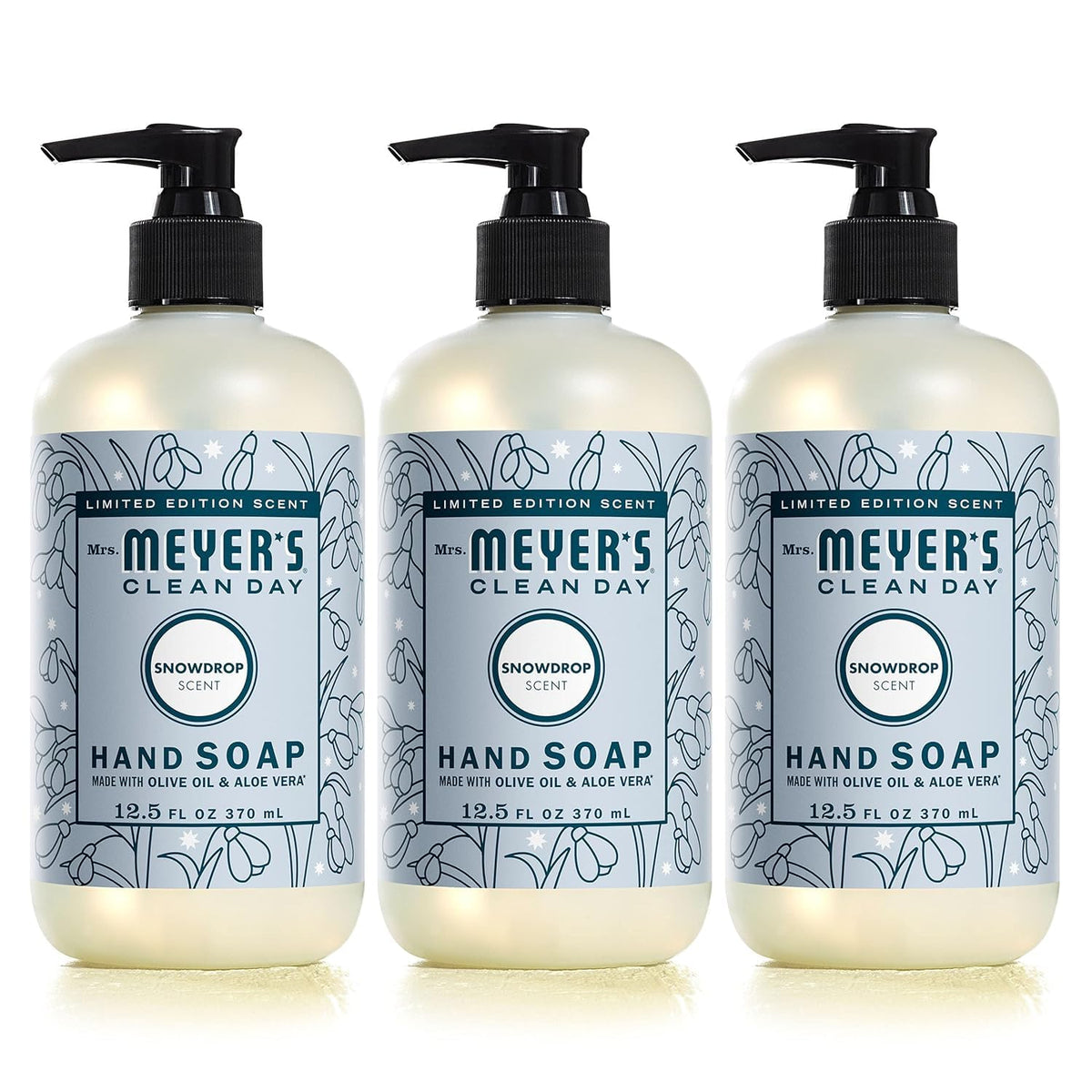 Mrs. MEYER'S front packaging showing three Snowdrop bottles and seasonal look