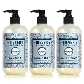 Mrs. MEYER'S front packaging showing three Snowdrop bottles and seasonal look