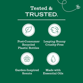 Mrs. MEYER'S label detail with ingredients and certifications, communicates clean formulation