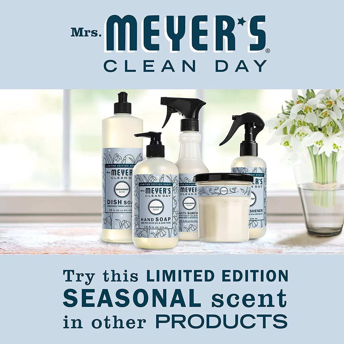 Mrs. MEYER'S bottle on bathroom counter adding winter scent and style