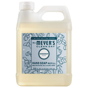 Mrs. Meyer's Snowdrop refill front packaging showing bottle and scent benefits