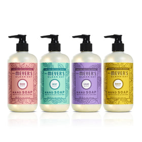 Mrs. MEYER'S front packaging showing four spring hand soap bottles and clear labels for gifting