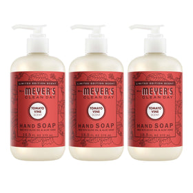 mrs. meyer's front packaging showing Tomato Vine scent and three-bottle value