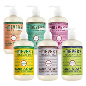 Mrs. MEYER'S variety pack front packaging showing all six scents and benefits