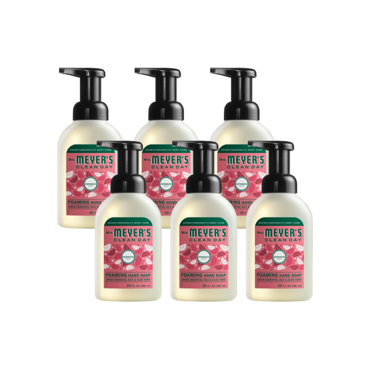 Mrs. MEYER'S front packaging showing six watermelon-scented bottles and bright labels