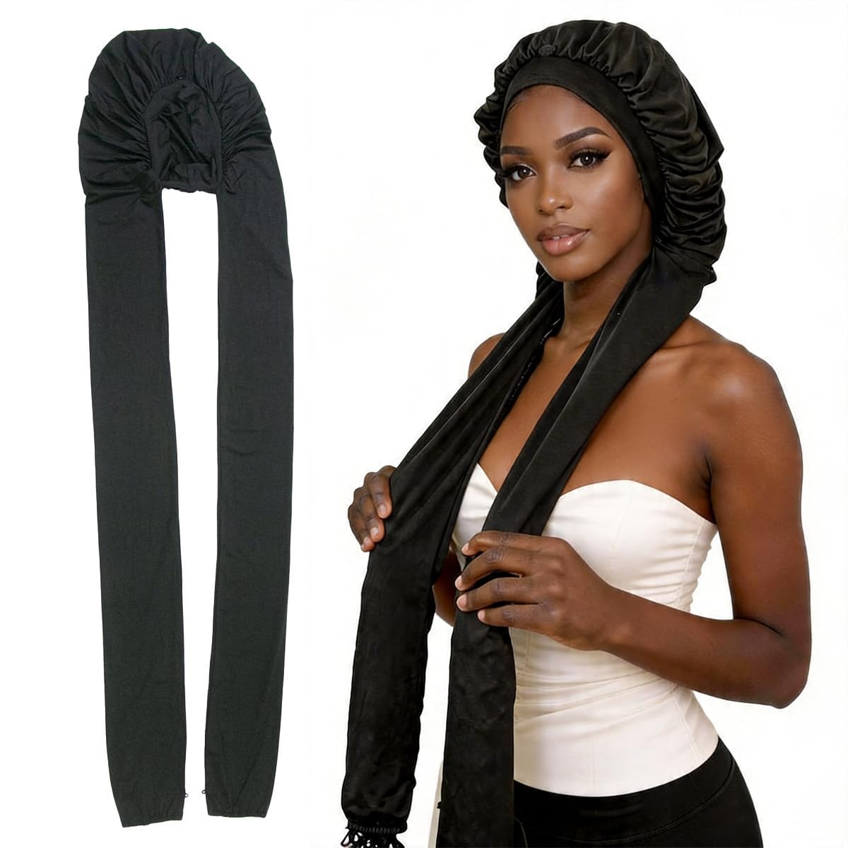 MsFan front view of black braid bonnet showing full coverage and style benefit