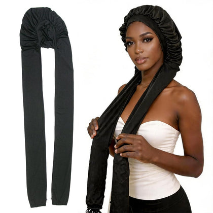 MsFan front view of black braid bonnet showing full coverage and style benefit