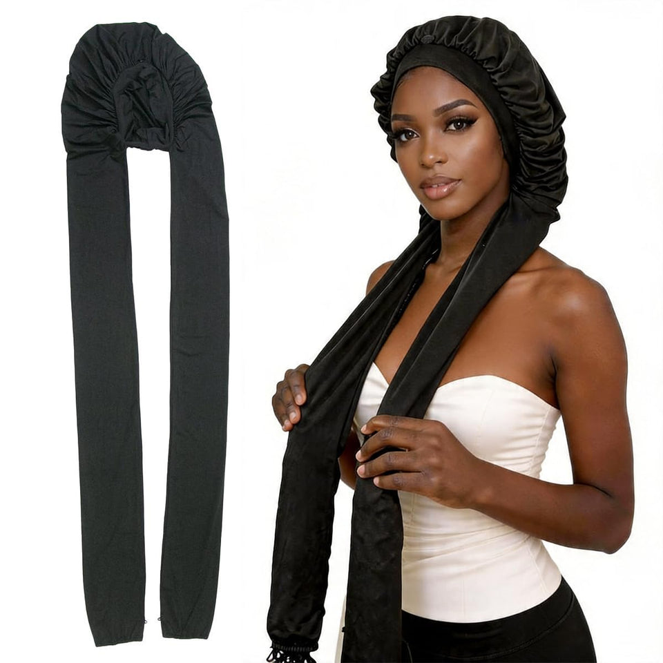 MsFan front view of black braid bonnet showing full coverage and style benefit