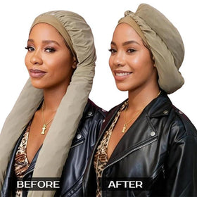 MsFan bonnet worn with box braids demonstrating secure overnight hold